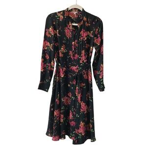 Nanette Lepore Black Pink Floral Pintuck Tie Waist Midi Dress Size 2 Long Sleeve